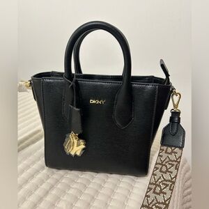 DKNY Black Structured Leather Satchel with Gold Hardware